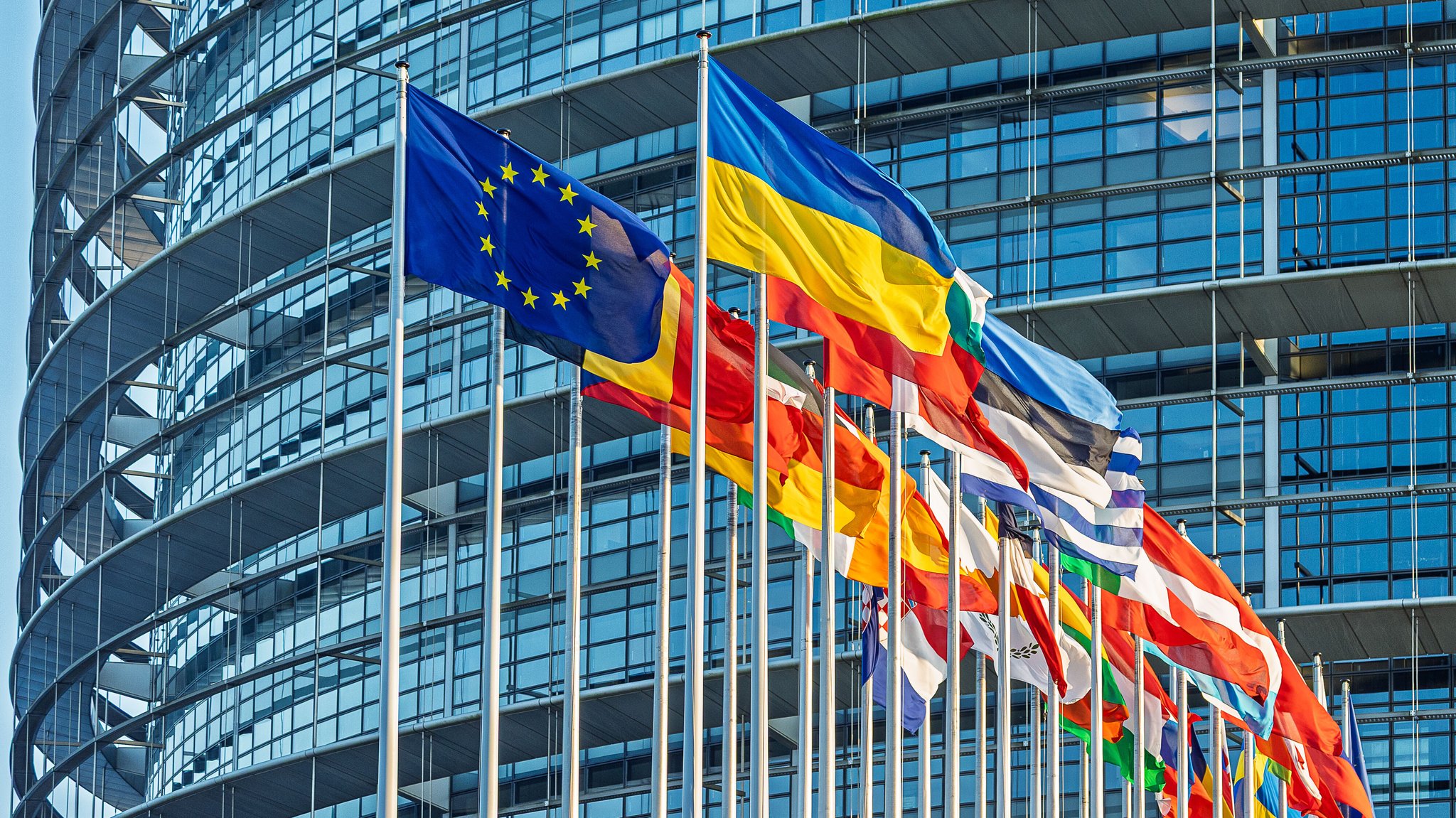 Flaggen der Europäischen Union und ihrer Mitgliedstaaten vor dem Europäischen Parlament in Straßburg.