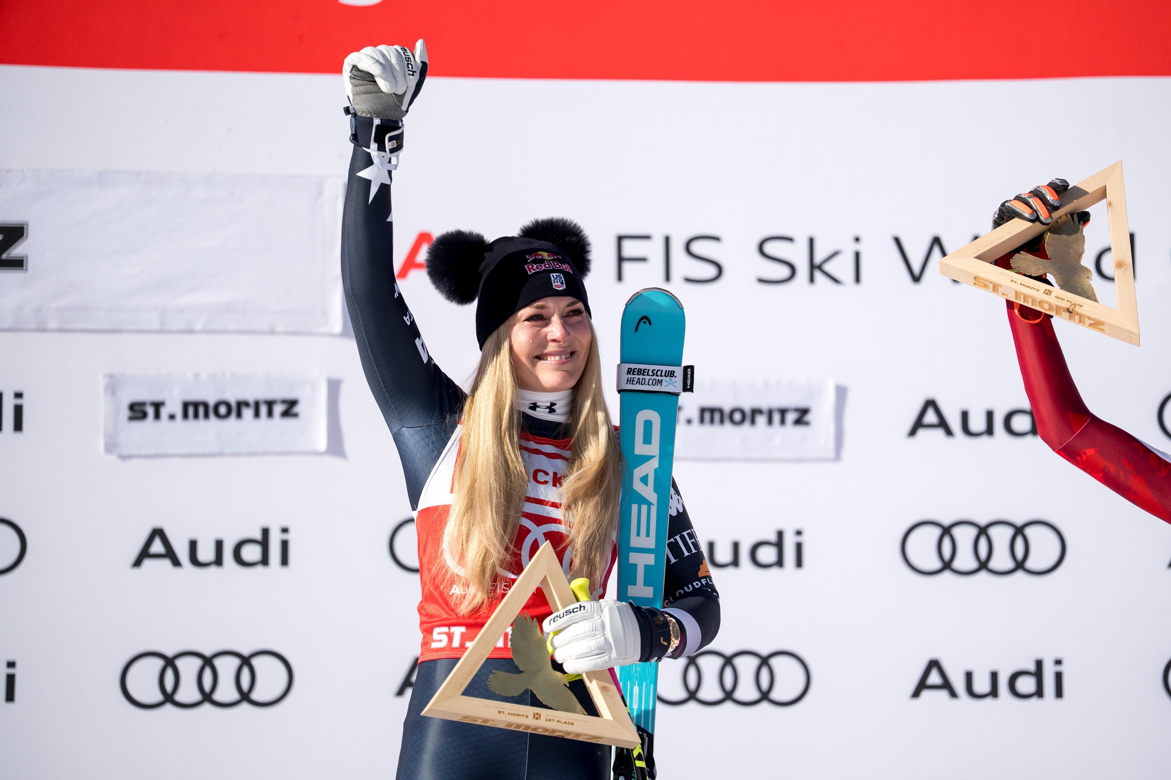 Lindsey Vonn bei der Siegerehrung in St. Moritz