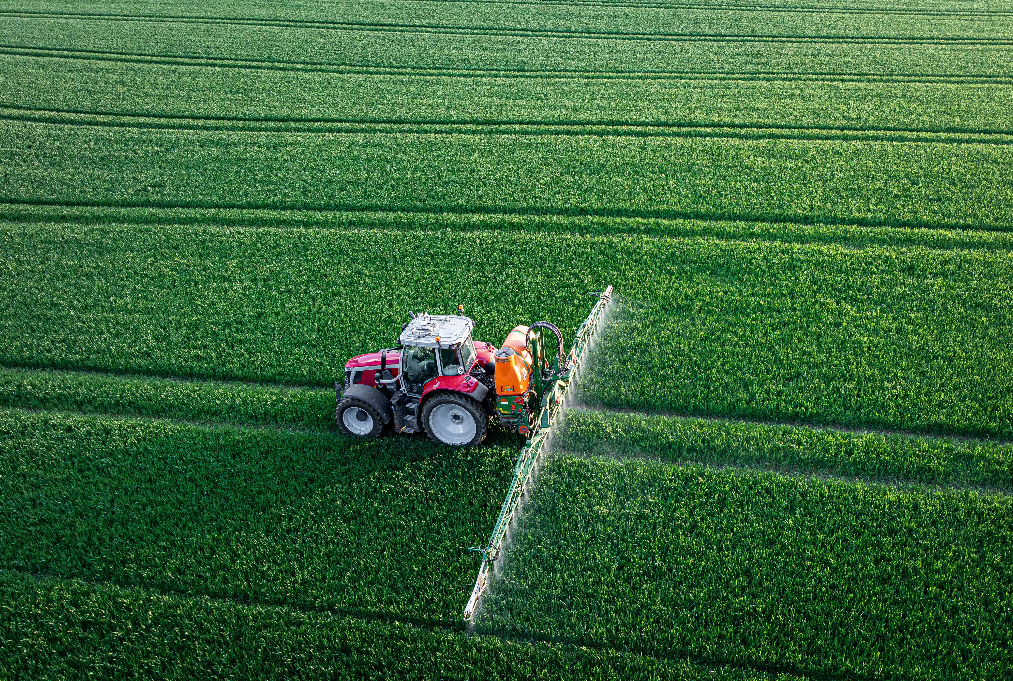 Ein Landwirt spritzt eine Getreidefeld großflächig mit Pflanzenschutzmittel (Symbolbild).