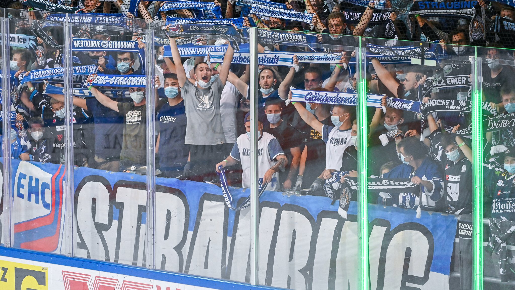 Jubelnde Tigers-Fans im Straubinger Eisstadion am Pulverturm