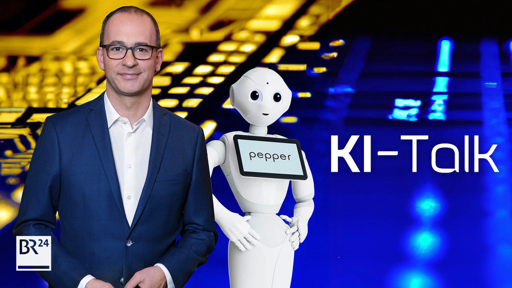 Auftakt der Serie BR24live KI-Talk mit BR-Chefredakteur Christian Nitsche und Roboter Pepper. | Bild: SoftBank Robotics / Montage: BR Auftakt der Serie BR24live KI-Talk mit BR-Chefredakteur Christian Nitsche und Roboter Pepper.