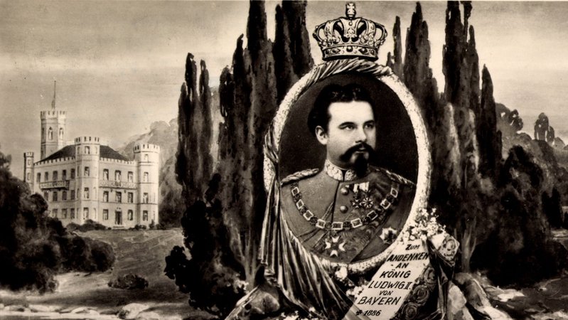 Schloss Berg und König Ludwig II. auf einer alten Postkarte.
