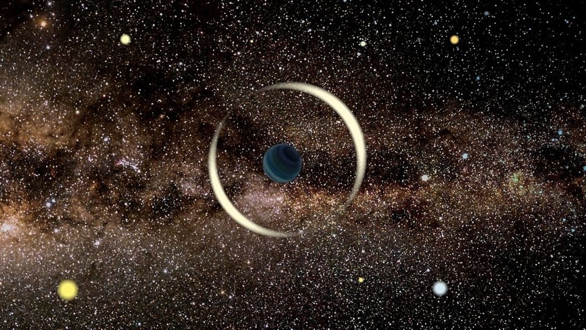 Die künstlerische Darstellung zeigt einen kleinen, dunklen Planeten, der vor einem Stern vorüberzieht und aufgrund des Mikrograviationslinsenffekts dessen Lichts bündelt wie eine Linse.
