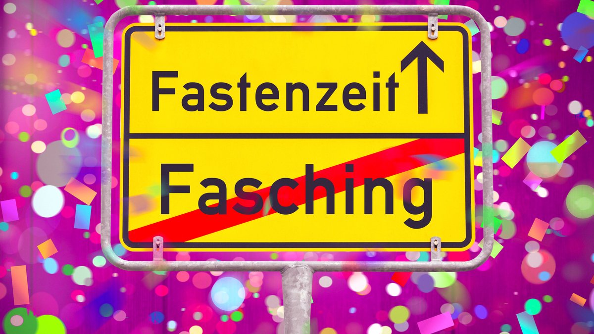 Gelbes Verkehrsschild mit der Aufschrift "Fastenzeit" und durchgestrichen "Fasching". 