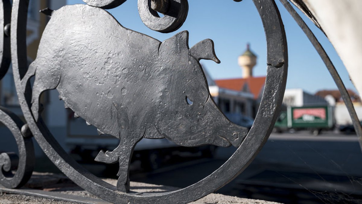 Die Mauer des Schlachthofs Bamberg ist mit einem Schwein aus Eisen verziert. Der Betrieb steht vor dem Aus.