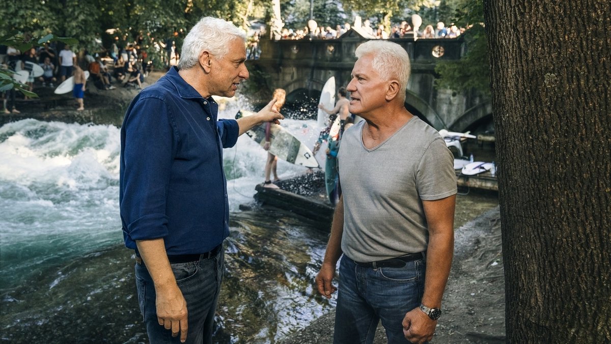 Die Schauspieler Udo Wachtveitl und Miroslav Nemec stehen als die Ermittler Leitmayr und Batic am Münchner Eisbach und reden miteinander.