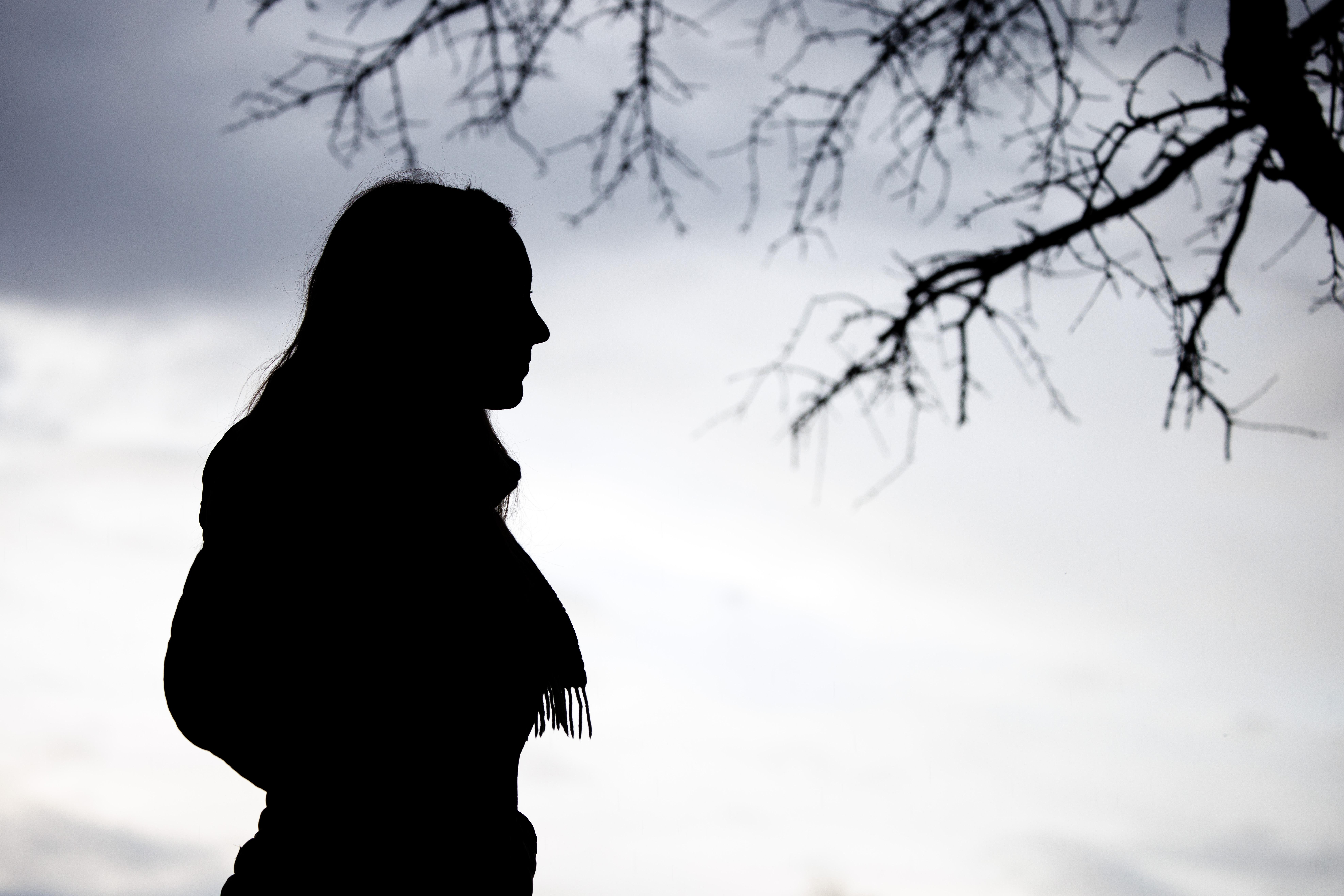Schattenriss einer Frau vor grauem Himmel und ein Baum mit nackten Ästen