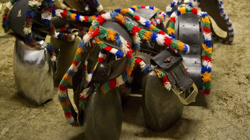 Große mit bunten Bändern geschmückte Kuhglocken: Allgäuer Zugschellen | Bild: Allgäu GmbH/Klaus Peter Kappest Große mit bunten Bändern geschmückte Kuhglocken: Allgäuer Zugschellen