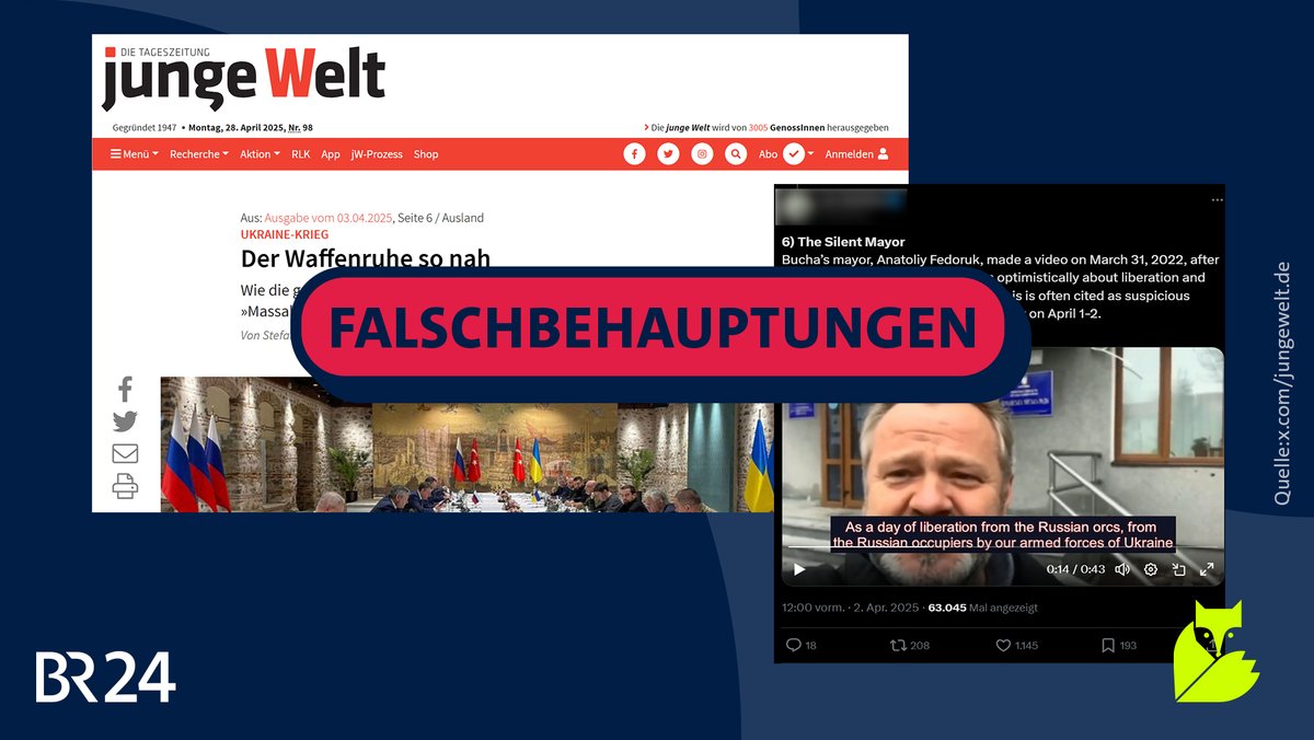 Zu sehen sind zwei Screenshots. Links ein Screenshot eines Artikels der "Jungen Welt", rechts ein Screenshot eines X-Posts. Beide behaupten fälschlicherweise, dass der Bürgermeister von Butscha nach dem Abzug russischer Truppen aus dem Ort nicht von Leichen sprach sei ein Zeichen dafür, dass es diese Leichen nicht gab.