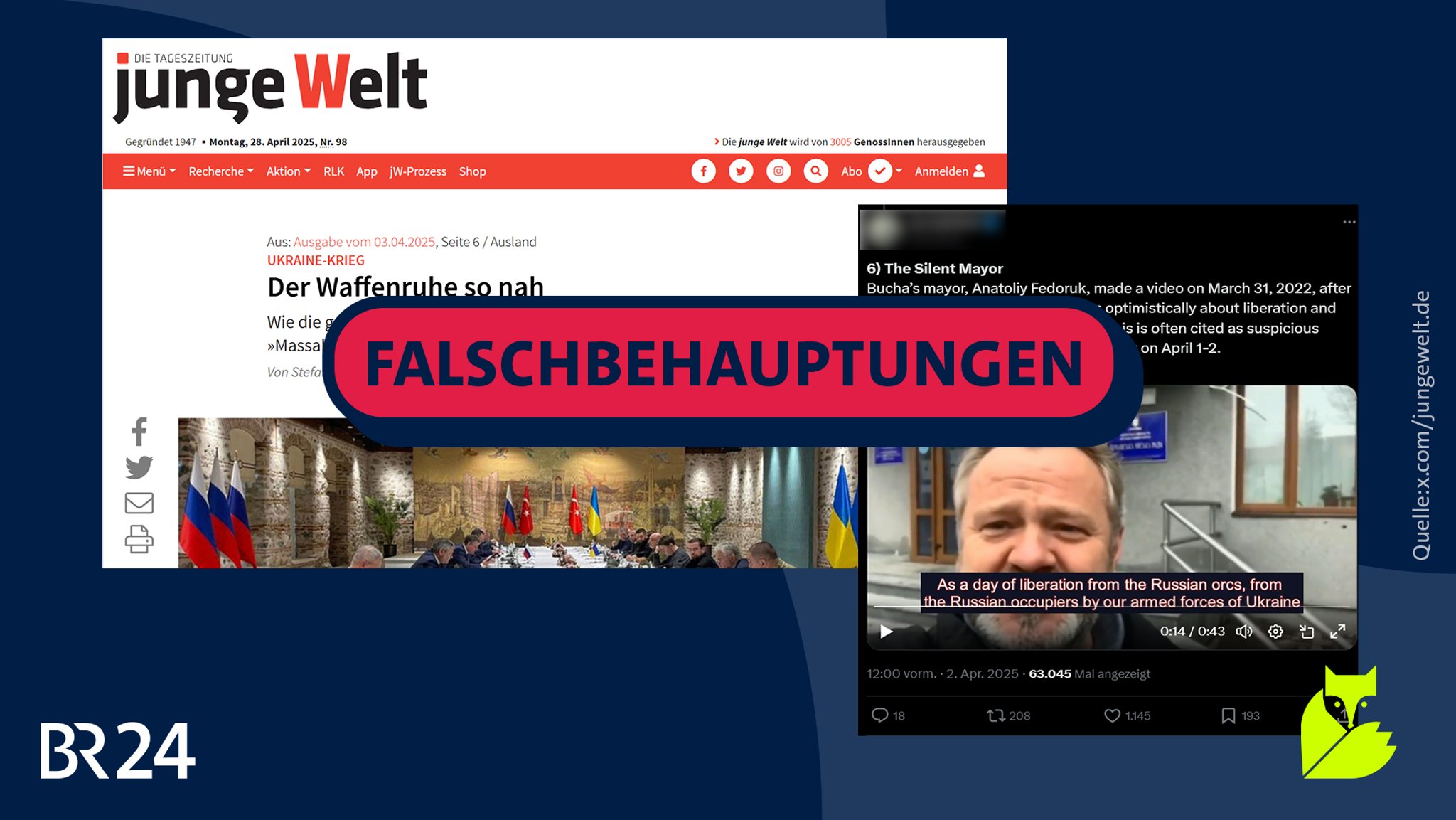 Zu sehen sind zwei Screenshots. Links ein Screenshot eines Artikels der "Jungen Welt", rechts ein Screenshot eines X-Posts. Beide behaupten fälschlicherweise, dass der Bürgermeister von Butscha nach dem Abzug russischer Truppen aus dem Ort nicht von Leichen sprach sei ein Zeichen dafür, dass es diese Leichen nicht gab.