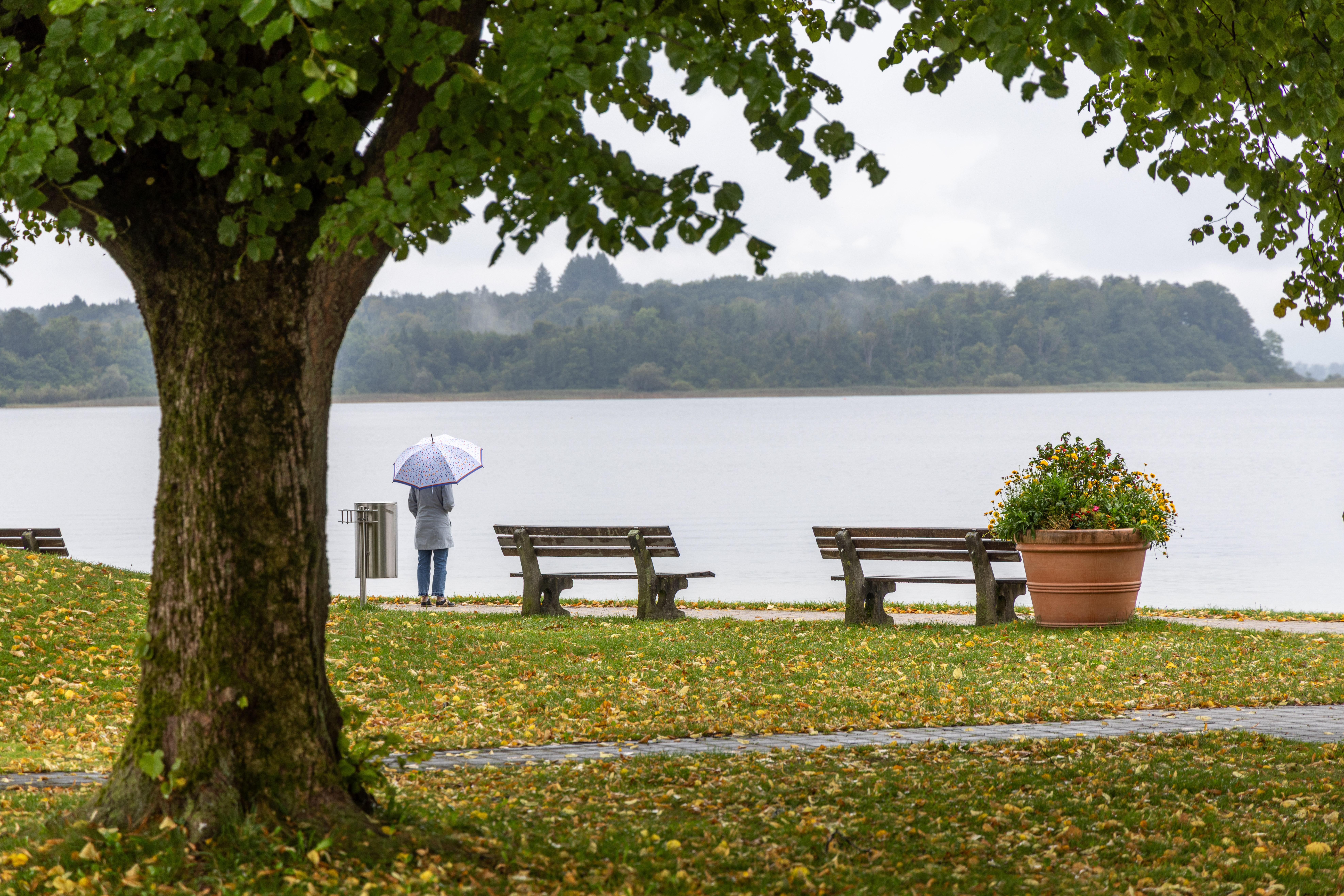 Bei Regen zeigt sich die Landschaft Chiemsee trüb und grau.