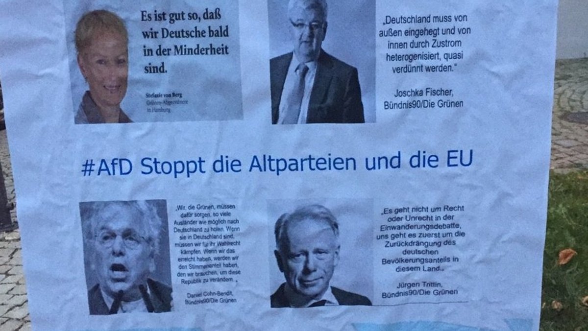 Ausschnitt aus dem Fake-Wahlplakat mit falschen Zitaten von Grünen-Politikern, publiziert auf Twitter | Bild: Norbert Kelpp/allgaeu-rechtsaussen.de Ausschnitt aus dem Fake-Wahlplakat mit falschen Zitaten von Grünen-Politikern, publiziert auf Twitter