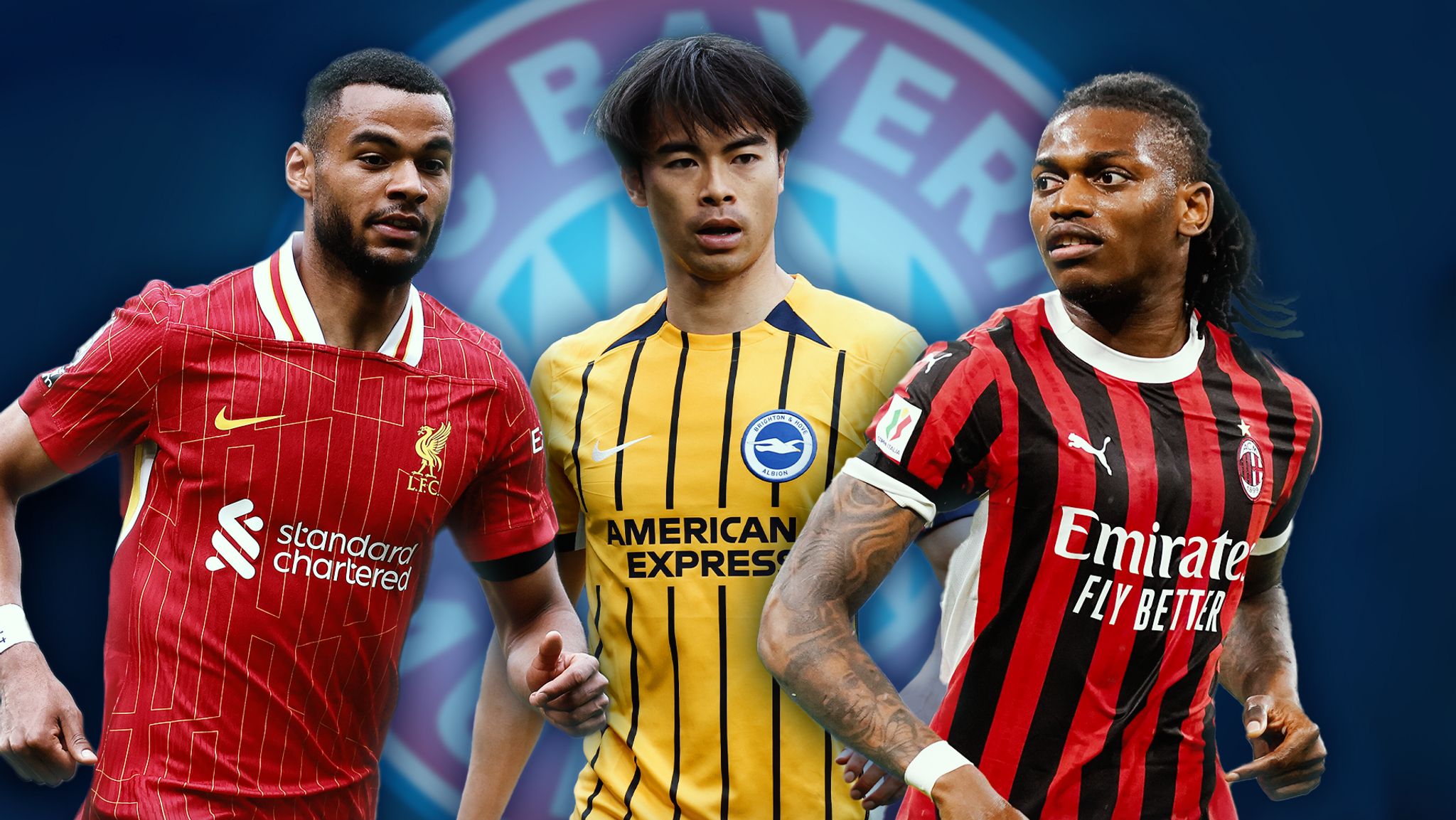 Im Fokus des FC Bayern: Cody Gakpo, Kaoru Mitoma und Rafael Leao (v. links)
