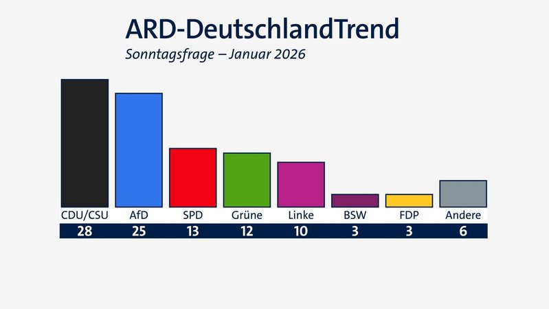 ARD-DeutschlandTrend im Januar 2026: Sonntagsfrage zur Bundestagswahl | Bild: BR/Infratest dimap ARD-DeutschlandTrend im Januar 2026: Sonntagsfrage zur Bundestagswahl
