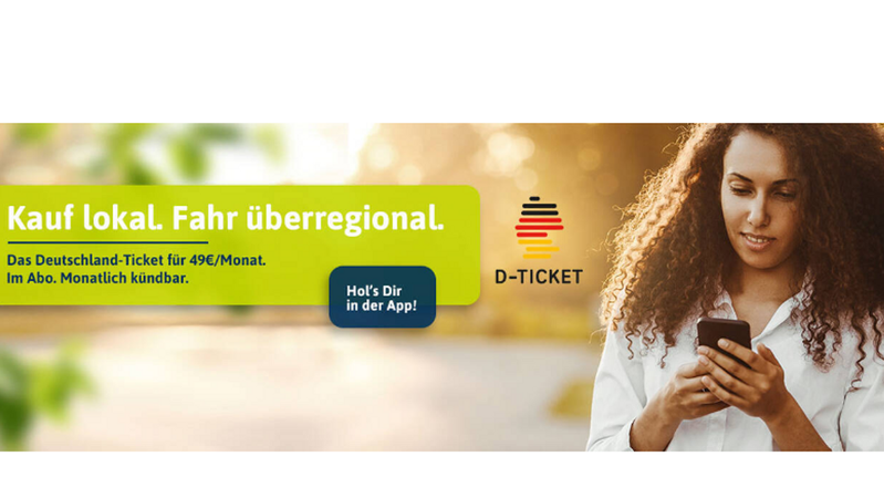 Screenshot der MVV-Seite zum Deutschlandticket - Junge Frau mit Handy, daneben der Webespruch: Kauf lokal. Fahr überregional und das Symbol des D-Tickets