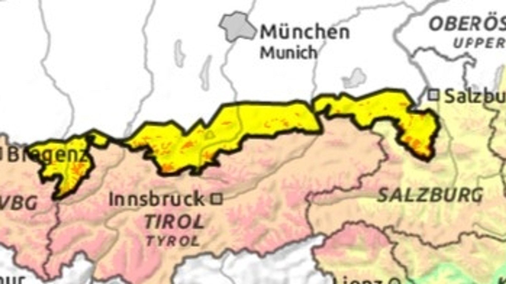 Eine Karte von den Alpen, mit den einzelnen Regionen farblich markiert nach Lawinenwarnstufe