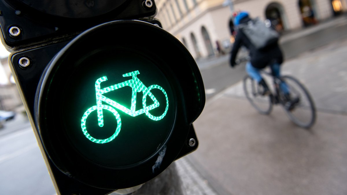 Eine Ampel für Fahrradfahrer steht in der Innenstadt an einer Kreuzung auf Grün. 