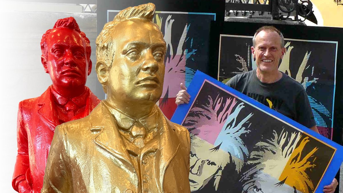 Zwei der 150 Max-Reger-Figuren von Ottmar Hörl und Künstler Michael Werner mit Warhol-Portraits