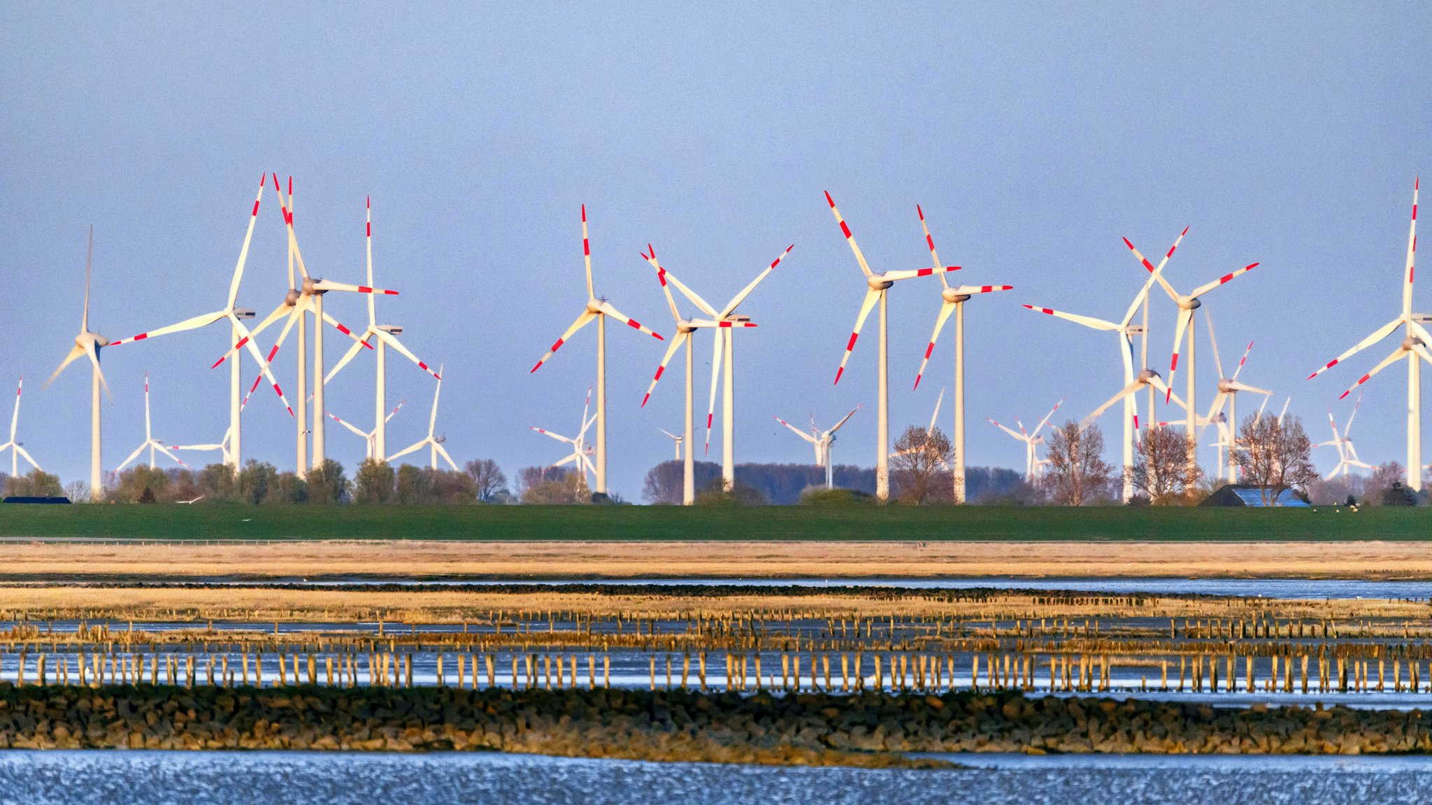 Archivbild, 12.09.2022: Blick auf den Windpark hinter dem Deich Friedrichskoog-Spitze am Abend, Nordsee, Friedrichskoog, Schleswig-Holstein, Deutschland, Europa