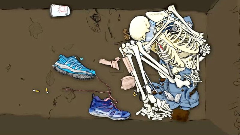 Grafik mit einem Skelett und diversen Gegenständen wie Schuhe und Kaffeebecher in einem freigelegtem Grab | Bild: BR Grafik mit einem Skelett und diversen Gegenständen wie Schuhe und Kaffeebecher in einem freigelegtem Grab