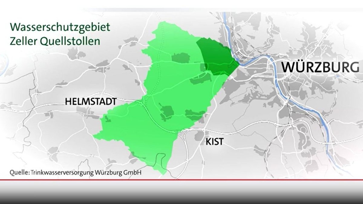 Grafik: In dunklem Grün: Bestehendes Wasserschutzgebiet. In hellem Grün: Erweitertes Wasserschutzgebiet. Die Deponie soll im Süd-Westen entstehen.