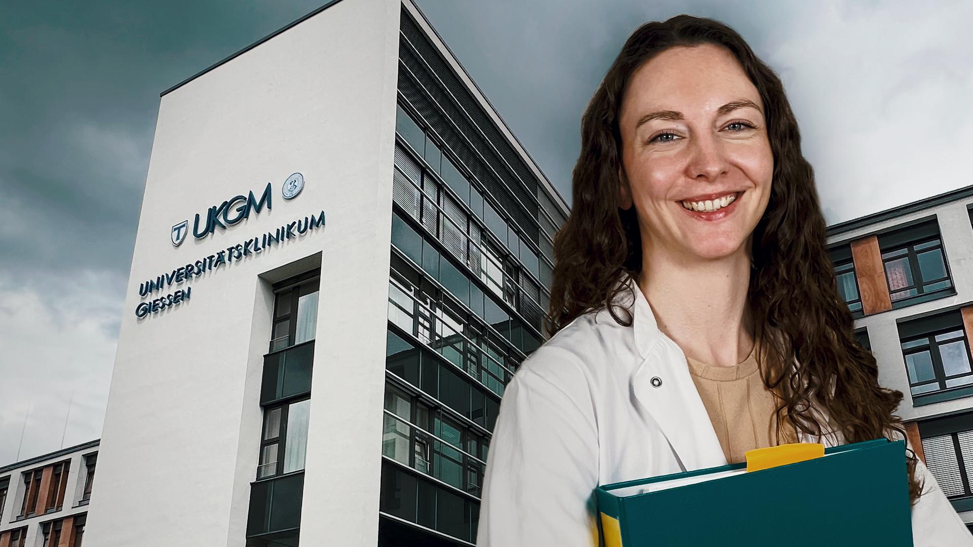 Junge Frau vor Universitätsklinik Gießen