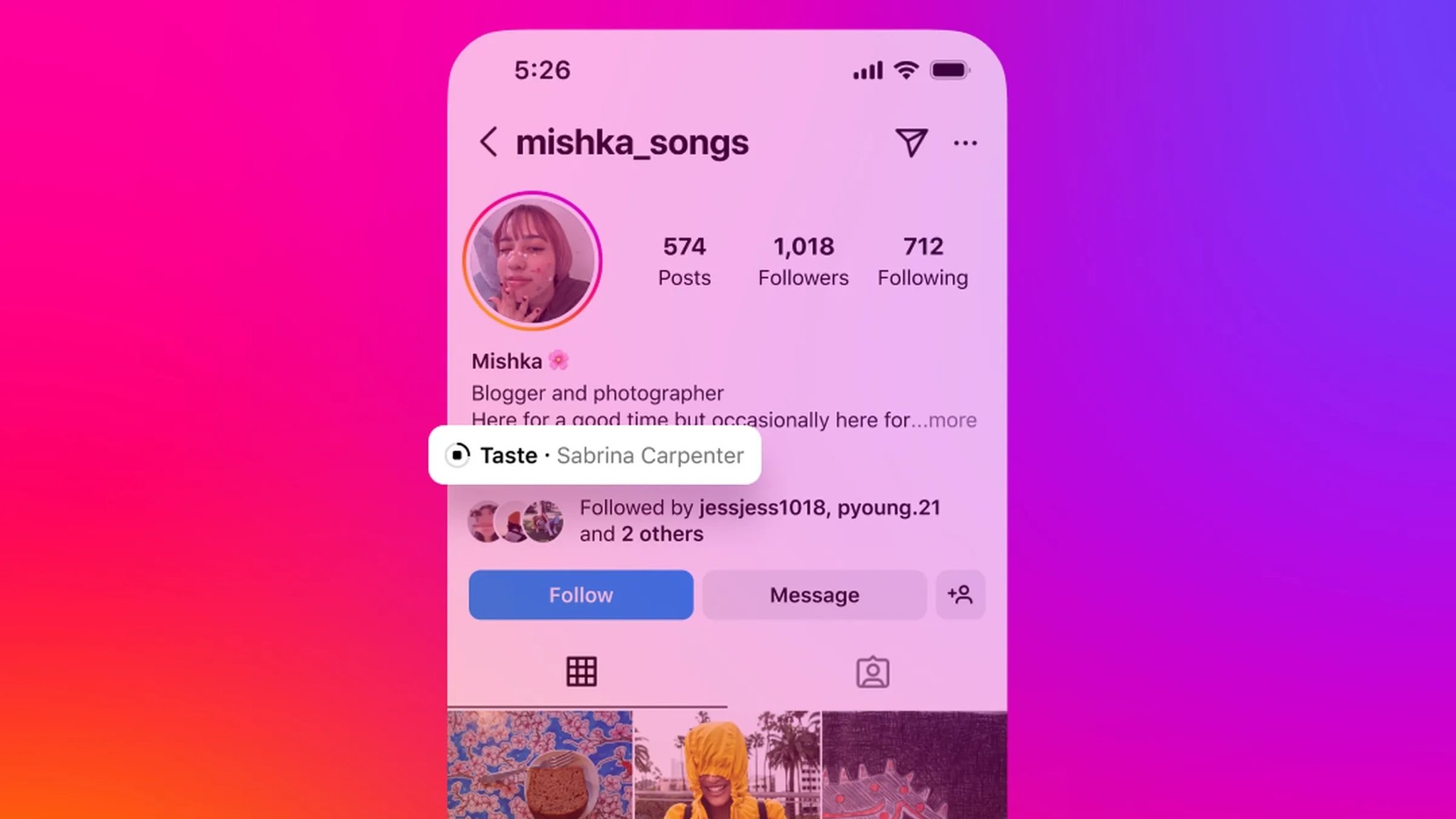 Screenshot der Instagram-App mit "Song on Profile"-Funktion