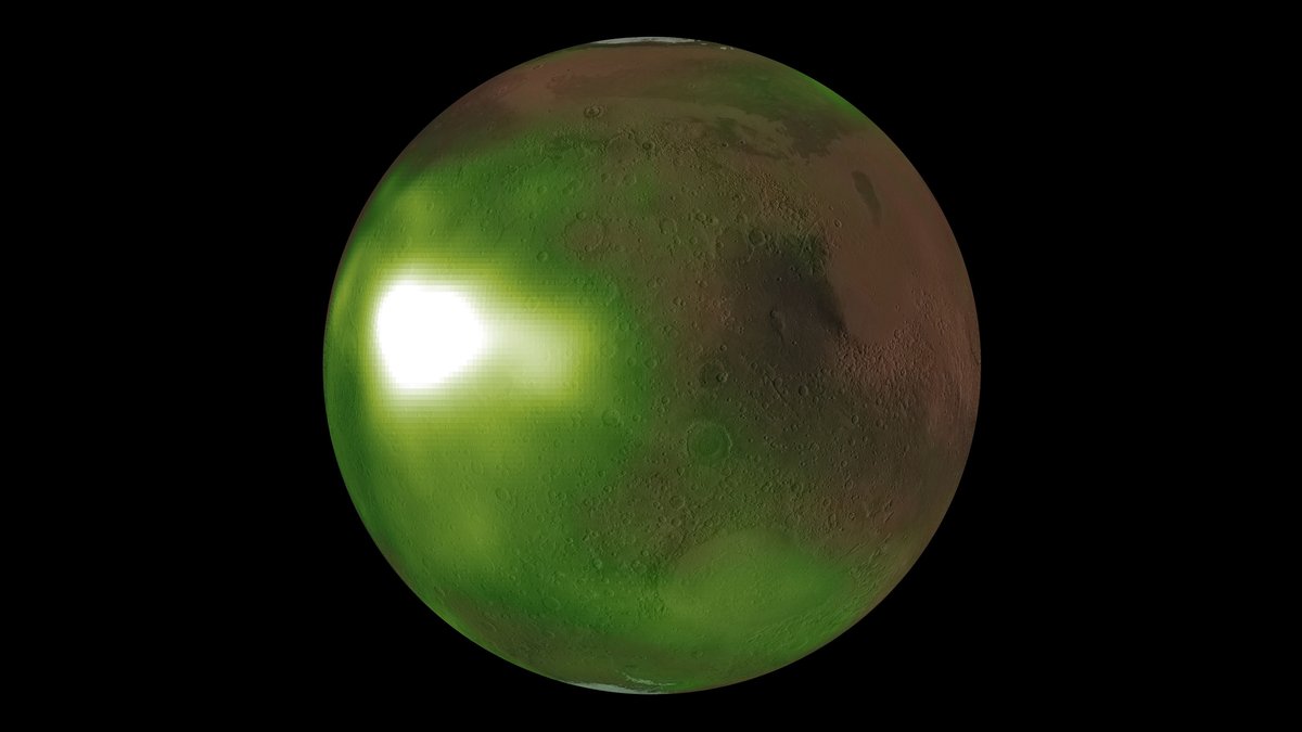 Forscher sind dem Nachtleuchten des Planeten Mars auf der Spur. Vor allem über den Polen leuchtet Mars jede Nacht in ultraviolettem Licht. 