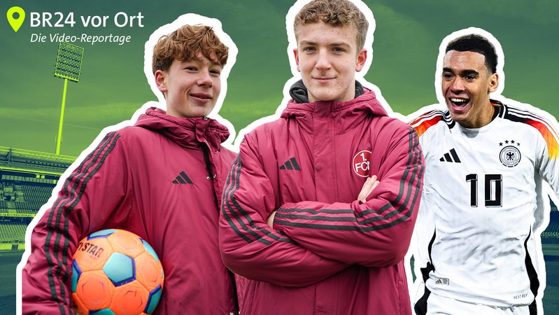 Für die Club-Nachwuchsspieler Daniel Mai (l.) und Louis Eckstein ist Profi Jamal Musiala das absolute Vorbild. | Bild: Collage: BR Für die Club-Nachwuchsspieler Daniel Mai (l.) und Louis Eckstein ist Profi Jamal Musiala das absolute Vorbild.