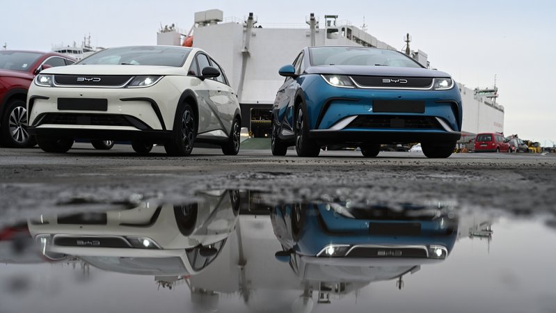 Zwei Neuwagen des Modells "Dolphin" des chinesischen Autoherstellers BYD stehen vor dem Autofrachter BYD Explorer No.1. | Bild: picture alliance/dpa | Lars Penning Zwei Neuwagen des Modells "Dolphin" des chinesischen Autoherstellers BYD stehen vor dem Autofrachter BYD Explorer No.1.