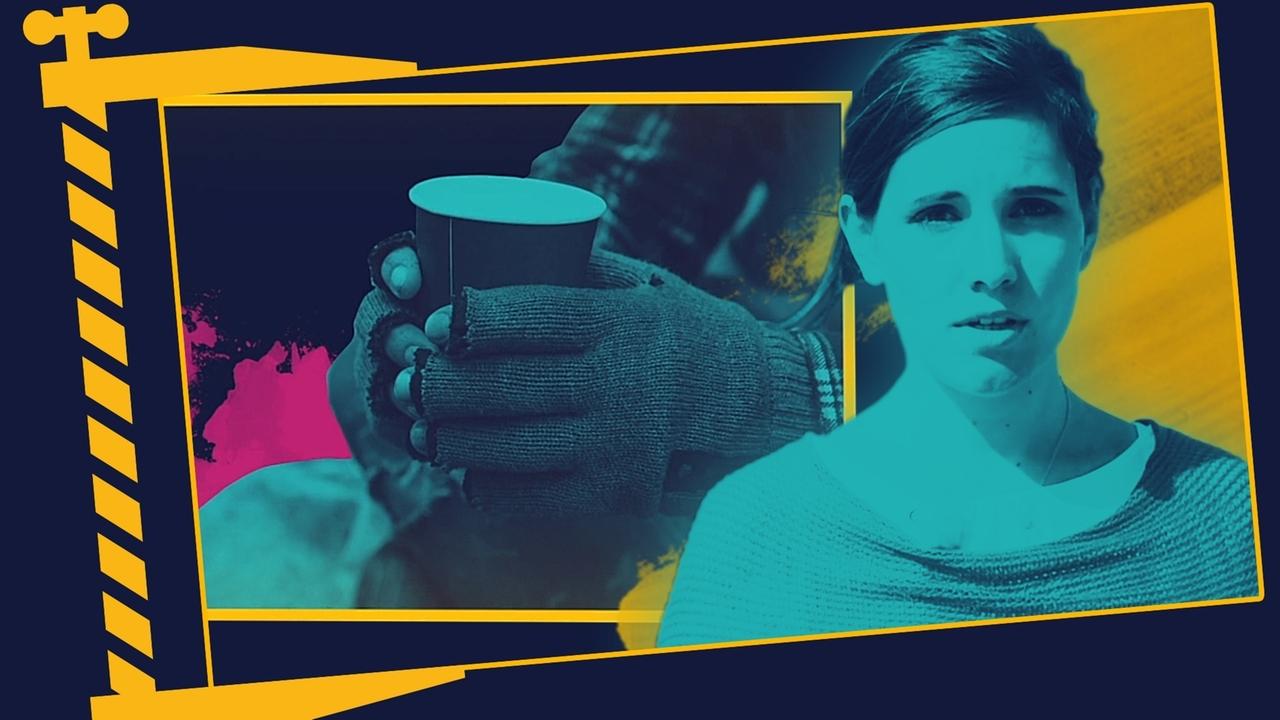 Moderatorin Verena Hampl, Hände in Fingerlingen halten einen Pappbecher