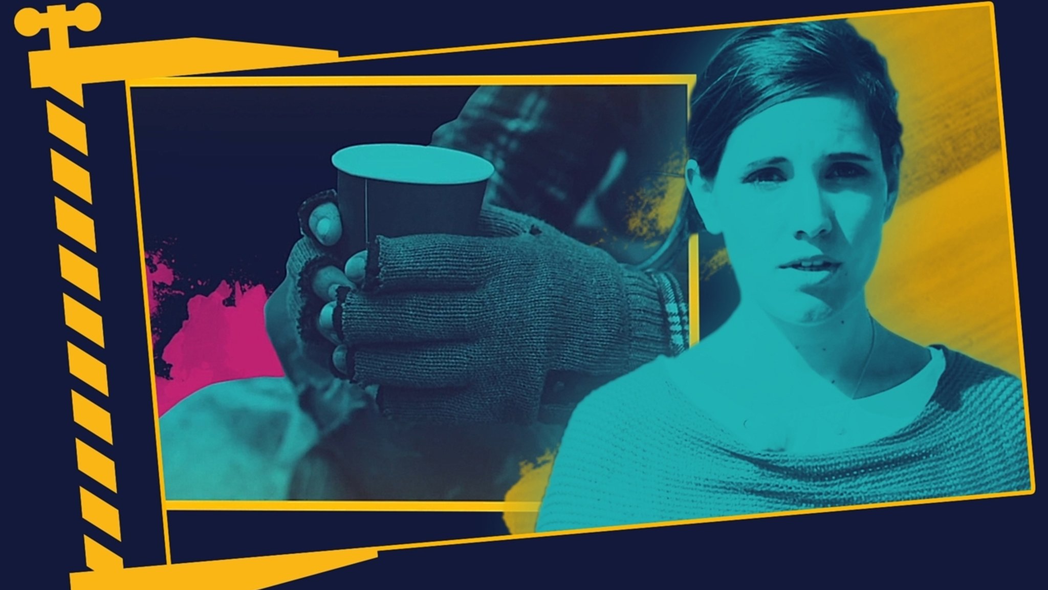 Moderatorin Verena Hampl, Hände in Fingerlingen halten einen Pappbecher