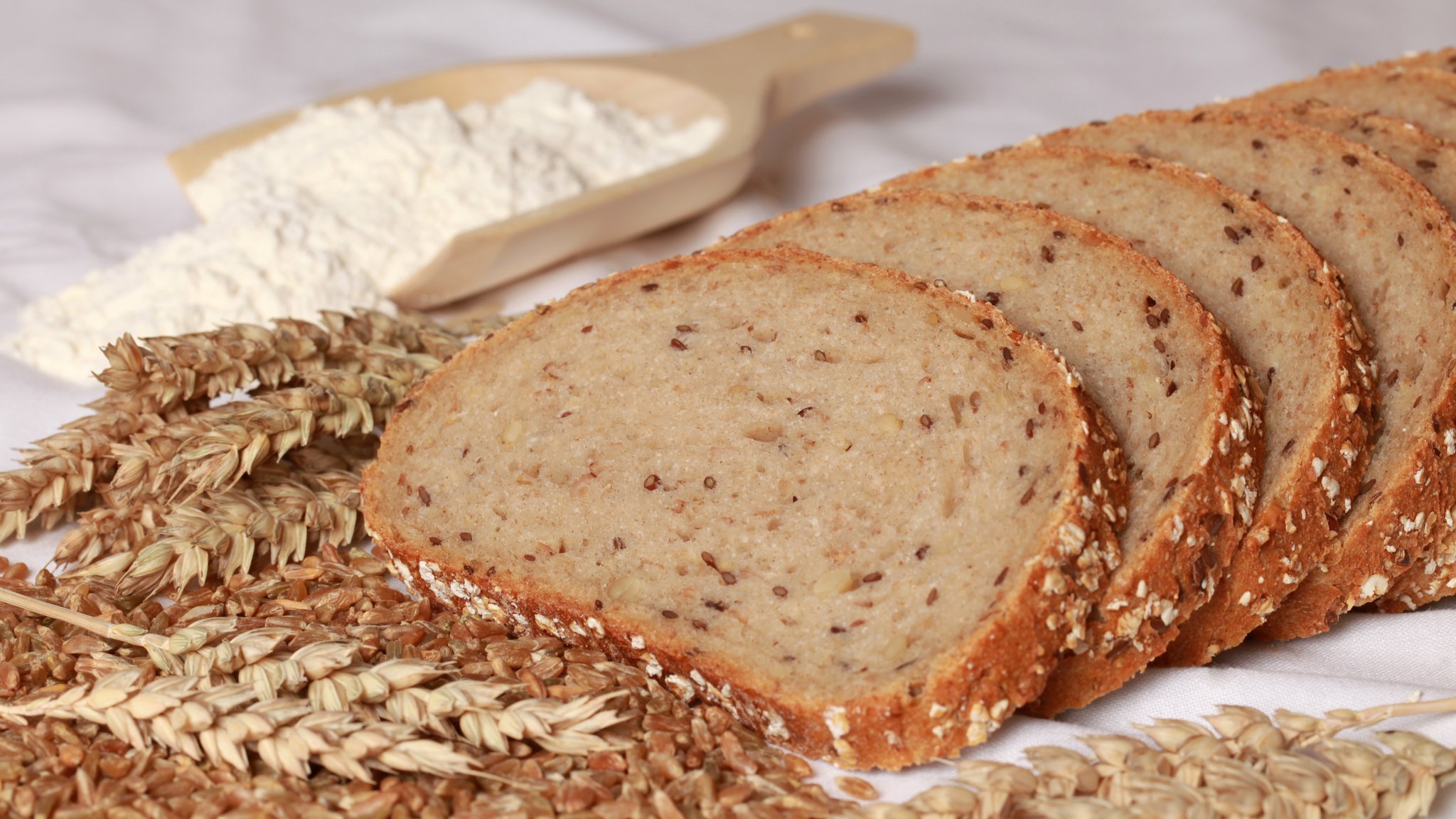 Mehrere Brotscheiben, Weizen, Getreidekörner, eine Schaufel mit Mehl.