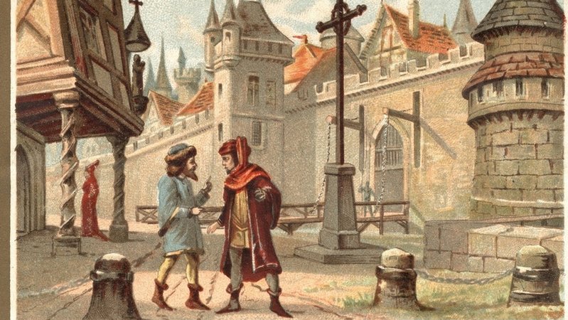 Eine Stadt im Mittelalter, undatierte Farblithographie