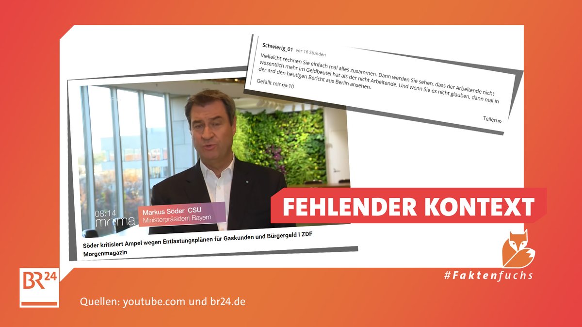 Ein Kommentar auf br24.de und ein Video-Ausschnitt von Markus Söder (CSU) als Screenshot mit dem Stempel "Fehlender Kontext".