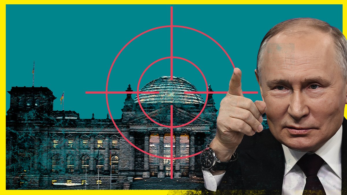 Bildmontage: rechtsseitig ein Foto des russischen Präsidenten Wladimir Putin, links der Bundestag mit einem Fadenkreuz draf