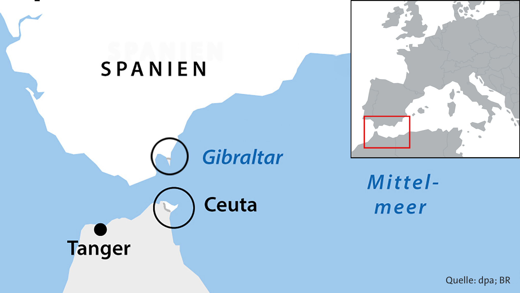 Karte mit Ceuta, Tanger, Spanien und Marokko | Bild: BR/dpa Karte mit Ceuta, Tanger, Spanien und Marokko