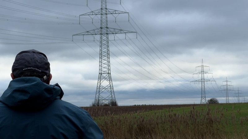 Ein Mann blickt auf eine große Strommtrasse. | Bild: BR24/Ulrike Lefherz Ein Mann blickt auf eine große Strommtrasse.