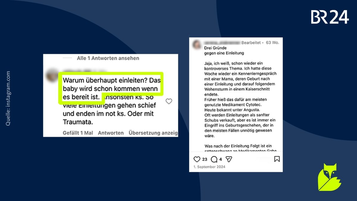 Auf Instagram und anderen Plattformen finden sich viele Unsicherheiten rund um Geburtseinleitungen. | Bild: Instagram.com / Montage: BR Auf Instagram und anderen Plattformen finden sich viele Unsicherheiten rund um Geburtseinleitungen.