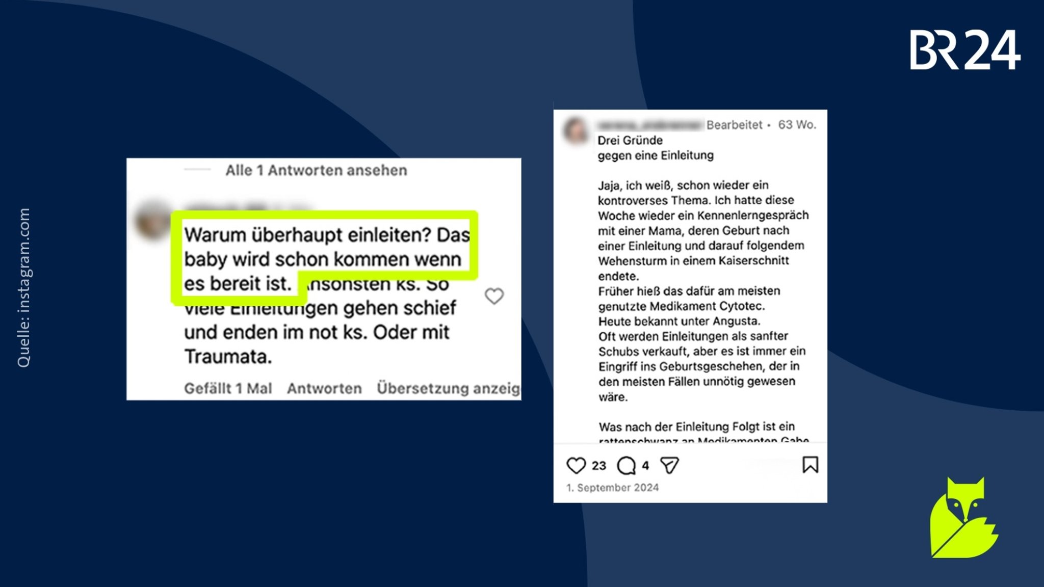 Auf Instagram und anderen Plattformen finden sich viele Unsicherheiten rund um Geburtseinleitungen. | Bild: Instagram.com / Montage: BR Auf Instagram und anderen Plattformen finden sich viele Unsicherheiten rund um Geburtseinleitungen.