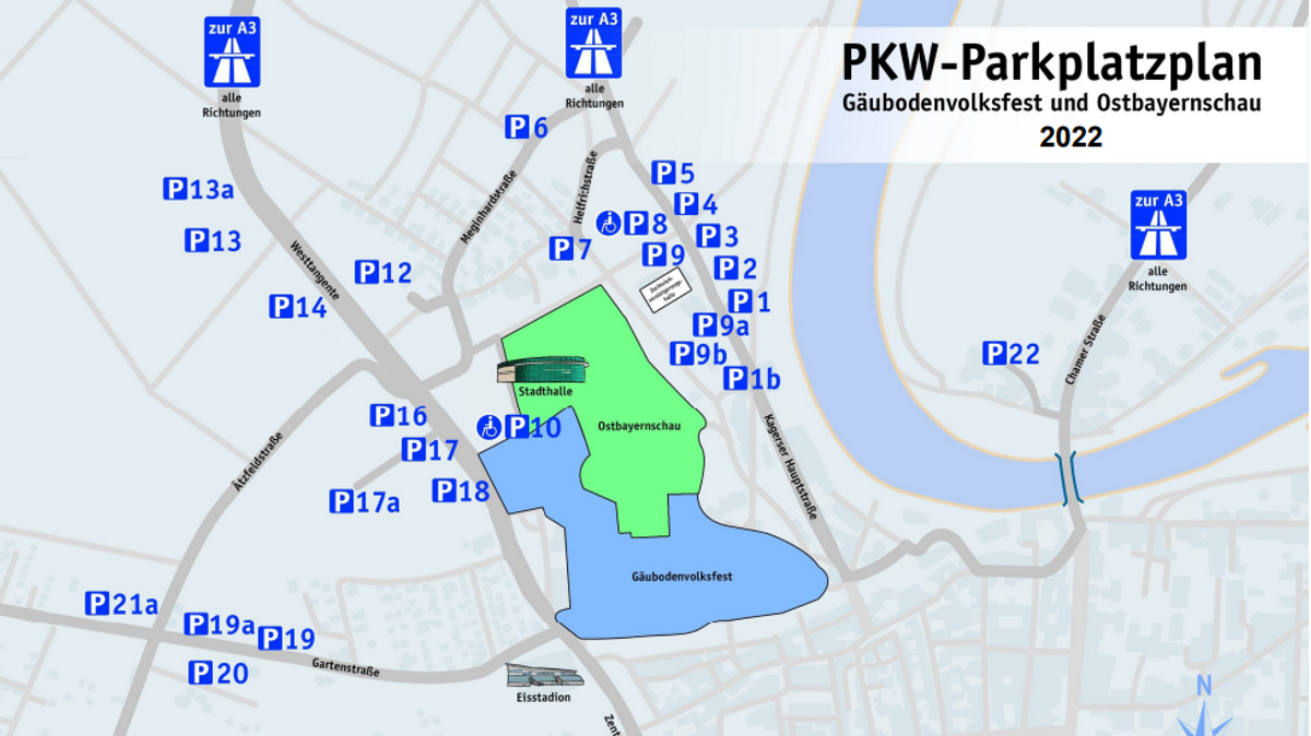 Ausgeschilderte Parkplätze für Auto-Anreisende zum Straubinger Gäubodenvolksfest.