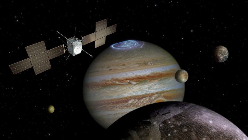 Künstlerische Illustration der JUICE-Mission: Die Raumsonde JUICE im Vordergrund, vier Jupitermonde sichtbar und der Jupiter mit leuchtenden Polarlichtern oben am Pol im Hintergrund. 