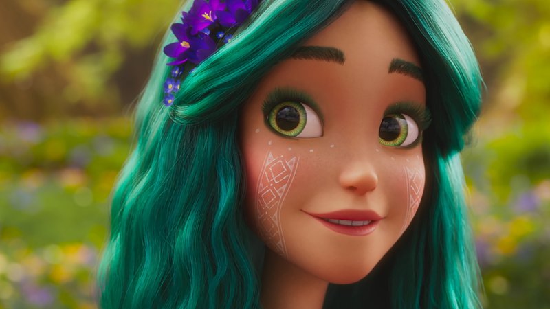 Eine animierte Frau, Stupsnase, strahlend weiße Zähne, grüne Kulleraugen, leuchtend grüne Haare.