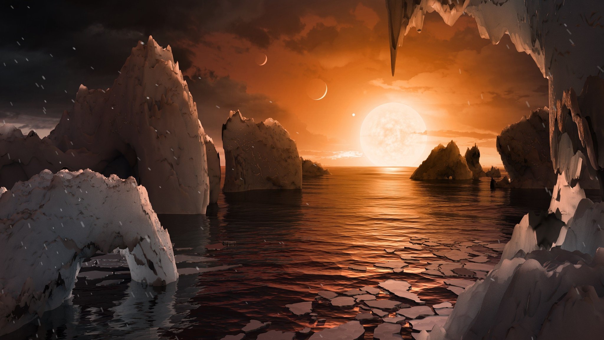 Gesteinsbrocken, Wasser und eine rote Sonne: Die grafische Darstellung zeigt, wie die Oberfläche des Exoplaneten Trappist-1f möglicherweise aussieht. | Bild: picture alliance / NASA/JPL-Caltech/dpa | NASA/JPL-Caltech Gesteinsbrocken, Wasser und eine rote Sonne: Die grafische Darstellung zeigt, wie die Oberfläche des Exoplaneten Trappist-1f möglicherweise aussieht.