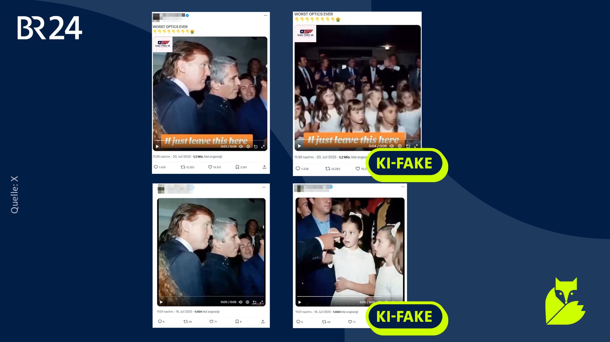 Screenshots von zwei KI-generierten Videos, in denen Donald Trump mit Jeffrey Epstein zu sehen ist. Die Screenshots links zeigen das Ausgangsbild, das echt ist. Die Screenshots rechts zeigen Sequenzen, die das Video "verlängern". Sie wurden mithilfe von KI generiert und zeigen junge Mädchen.
