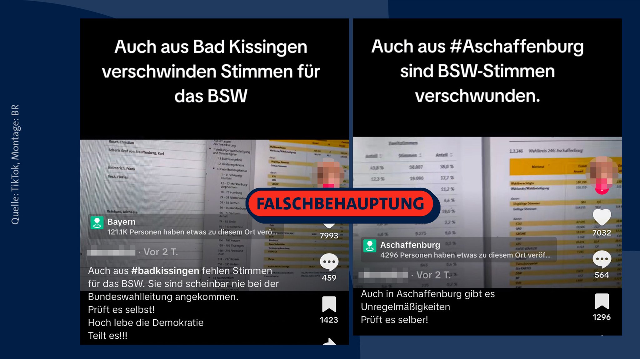 Screenshots mit TikTok-Videos, darüber der Stempel "Falschbehauptung".