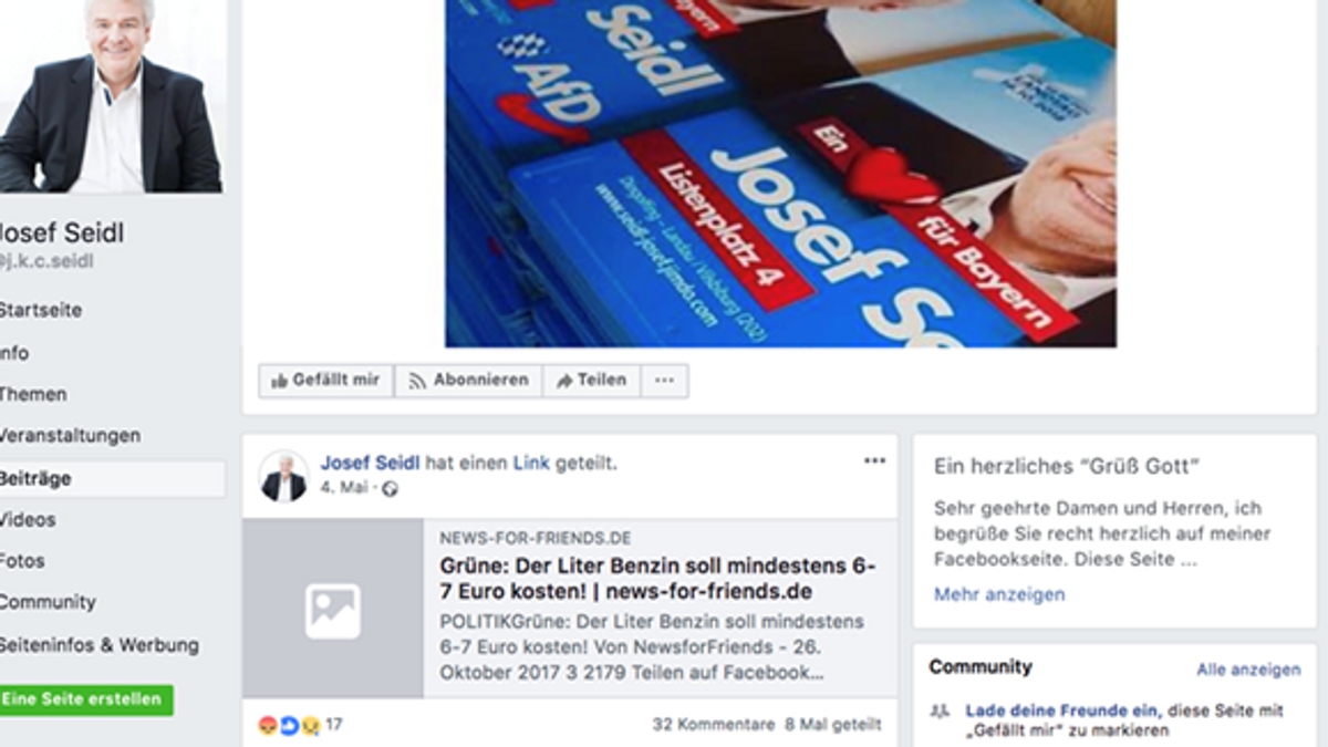 Screenshot der Seite des AfD - Kandidaten Josef Seidl. Zu sehen ist, wie er den Post teilt. 