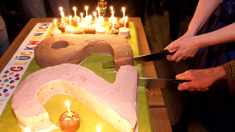 Ein Kuchen in Form einer 29 wird angeschnitten 