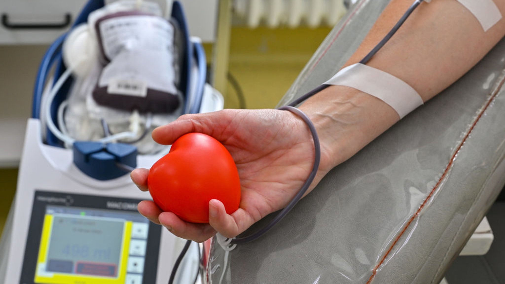 Jemand spendet Blut - zu sehen ist ein Arm mit einem Herz in der Hand(Archivbild)