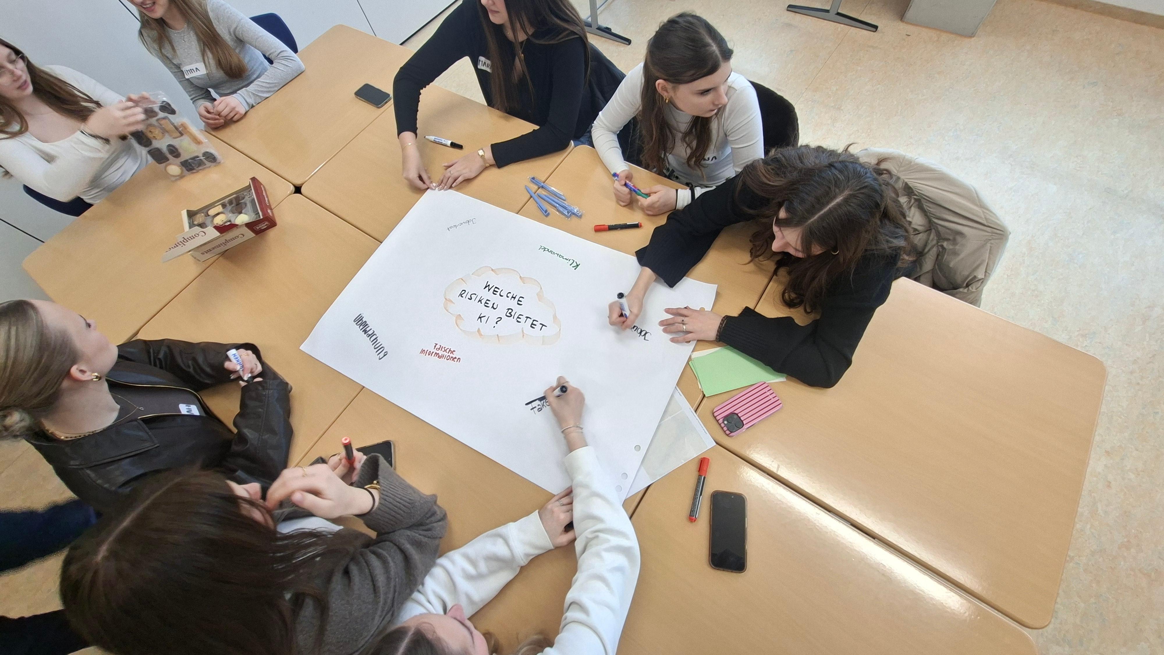 Schülerinnen schreiben auf ein Plakat, welche Risiken sie in der Künstlichen Intelligenz sehen.